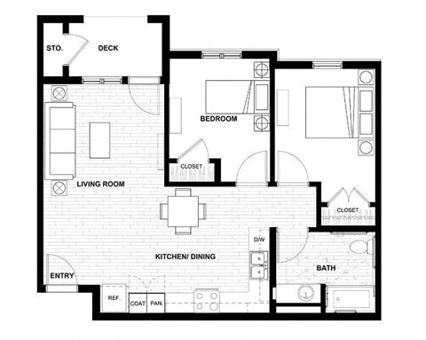 Floor plan for 2 beds, 1 bath, 794 sqft